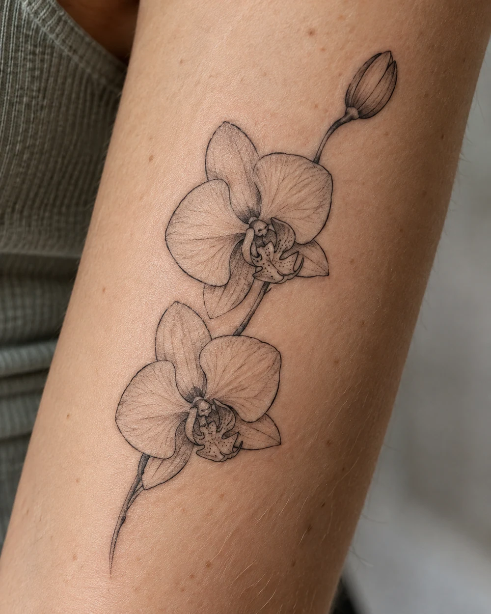 Fine-line black orchid tattoo with two blossoms and an unopened bud on an arching stem
