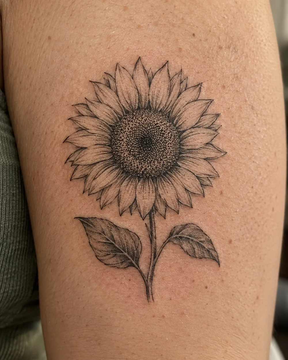 Fine-line black sunflower tattoo with a stippled center, outlined petals, short stem, and two shaded leaves on an upper arm
