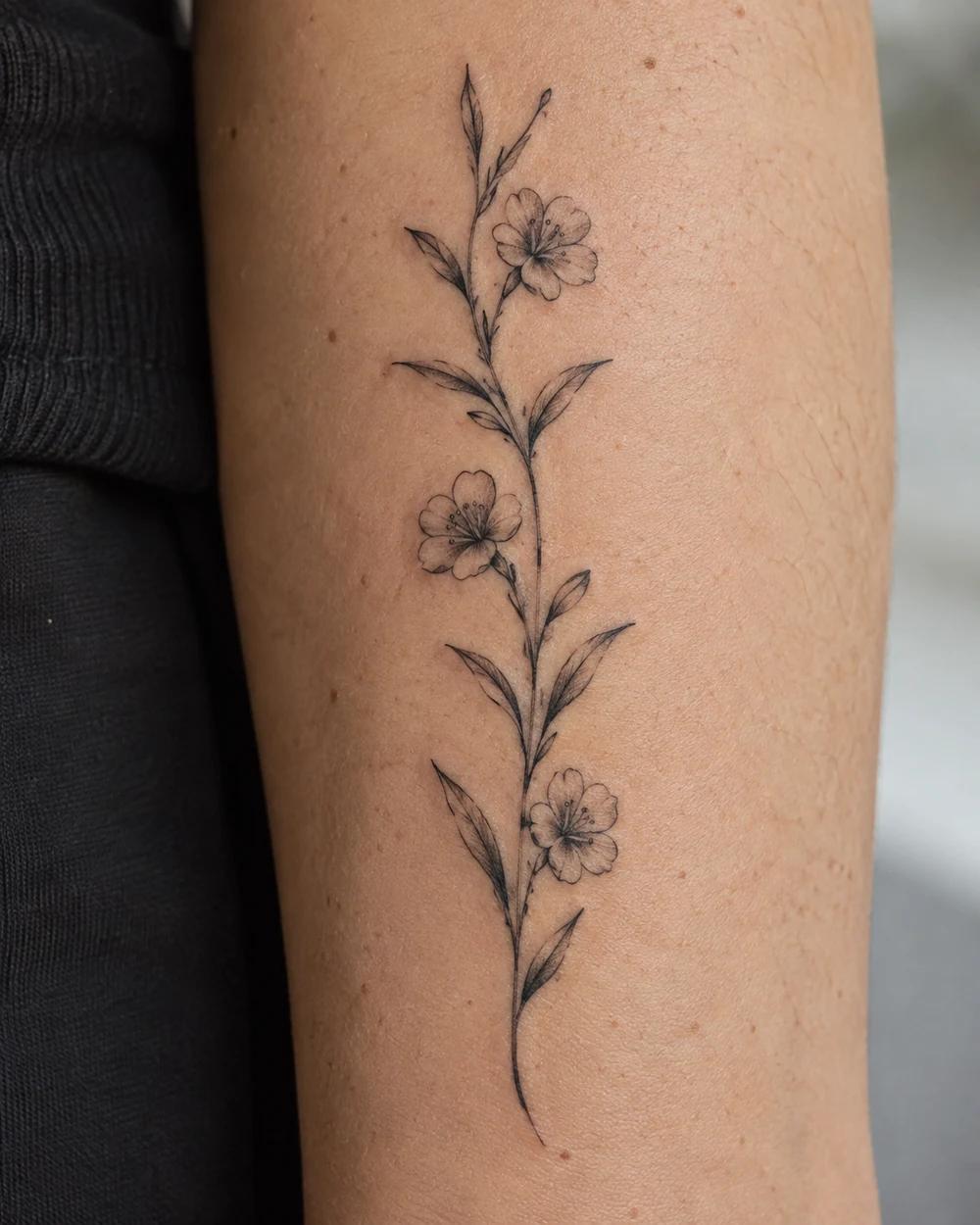 Slender black fine-line tattoo of a leafy stem with three open flowers on an arm