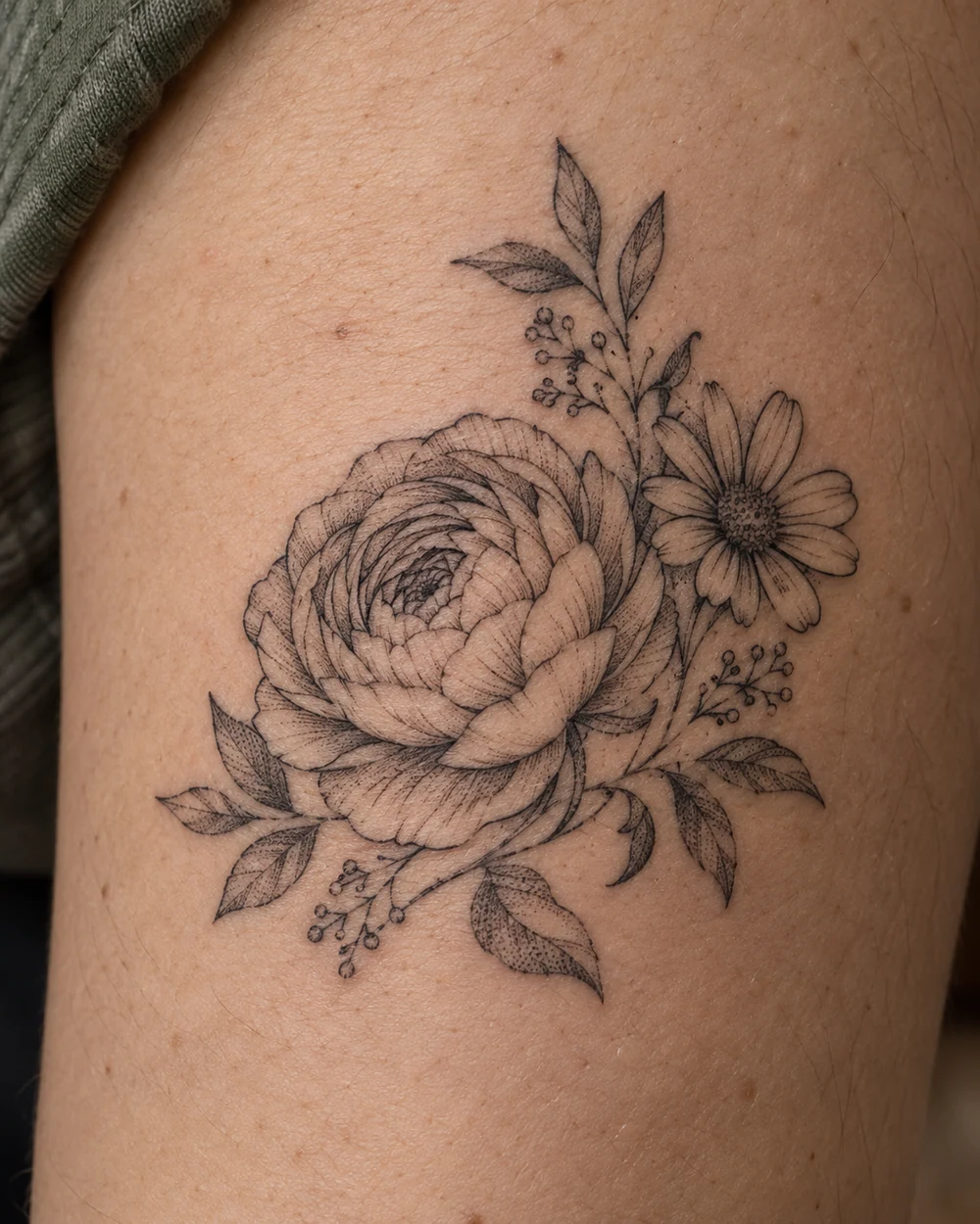 Fine-line black tattoo of a layered ranunculus, small daisy, and leafy sprigs in a rounded cluster