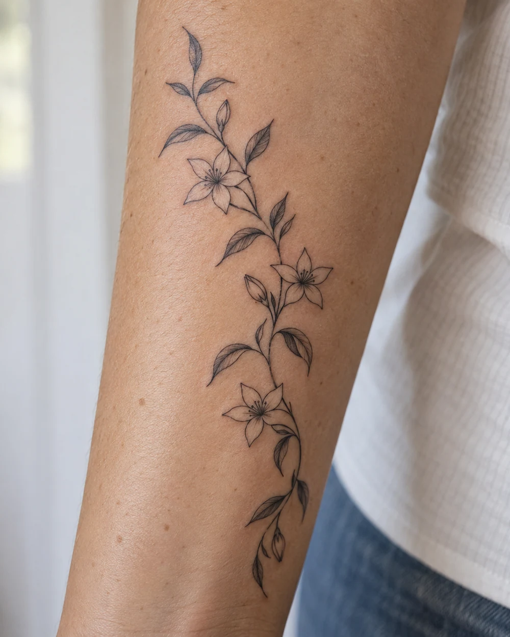 Fine-line black jasmine vine tattoo with star-shaped flowers and paired leaves curving down the forearm