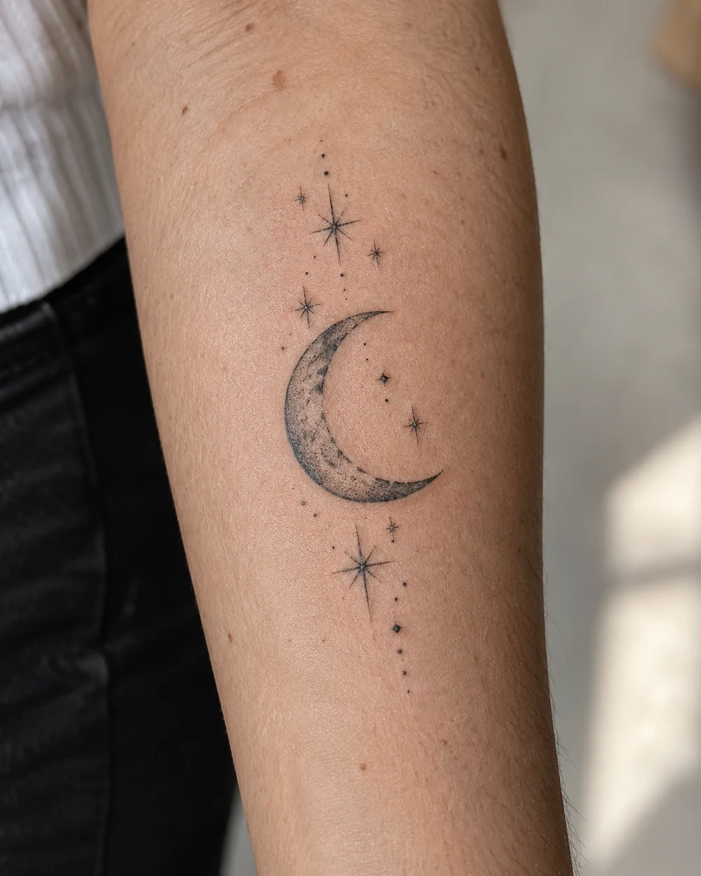 Fine-line crescent moon tattoo with tiny stars and dot accents on a forearm