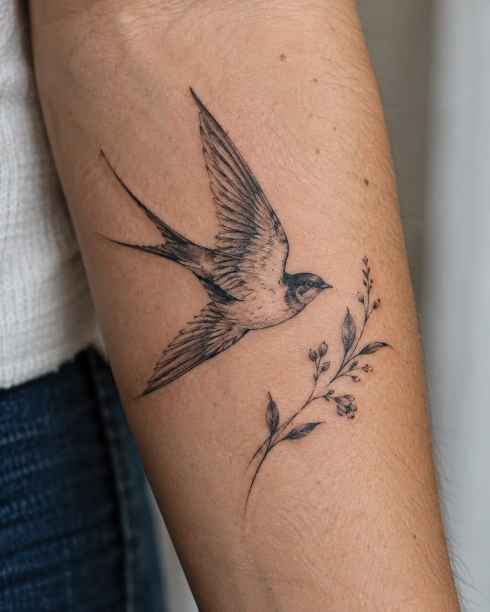 Black-and-gray flying swallow with fine feather marks and a small botanical sprig tattooed on a forearm