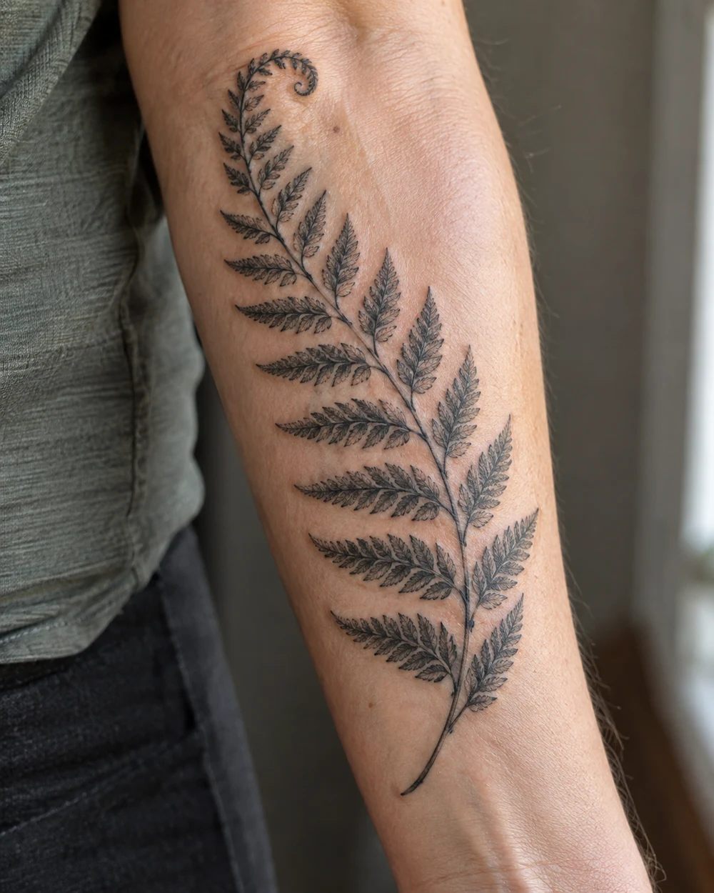 Curved fern frond forearm tattoo with evenly spaced leaflets