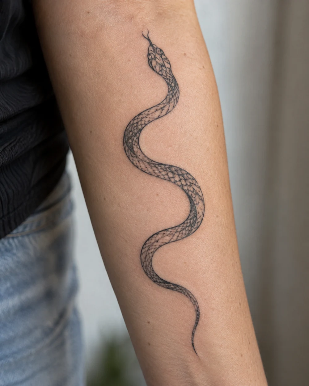 Slim S-shaped snake fine-line tattoo on a forearm