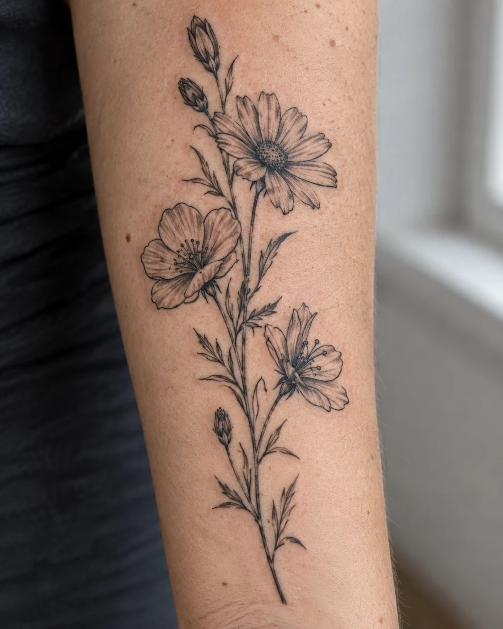 Fine-line black and gray tattoo of three wildflowers on one leafy vertical stem, placed along the forearm