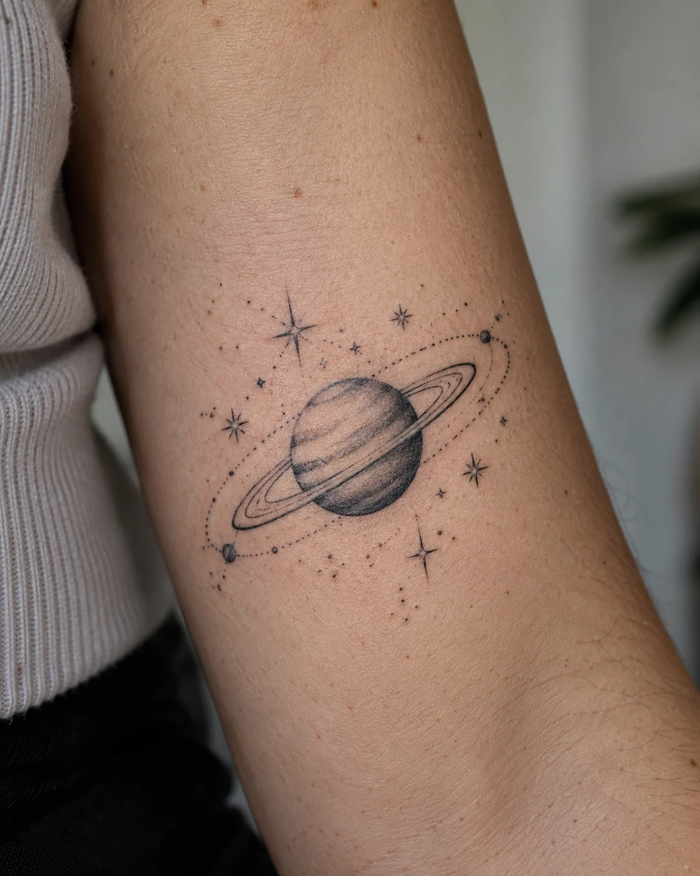 Small black-and-gray ringed planet tattoo with orbit lines and scattered stars on a forearm