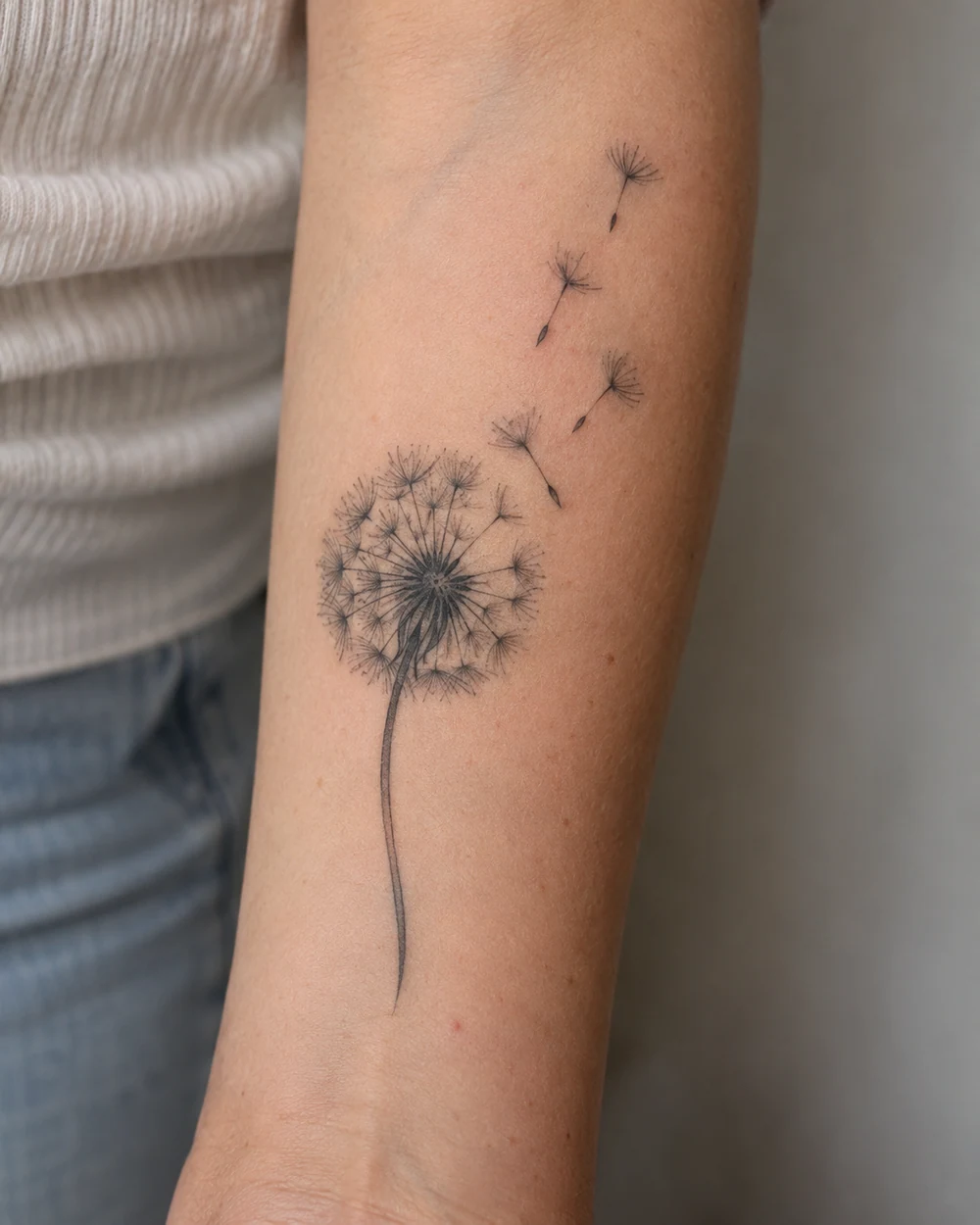 Fine-line black and gray dandelion tattoo on a forearm, with a slender stem and drifting seeds