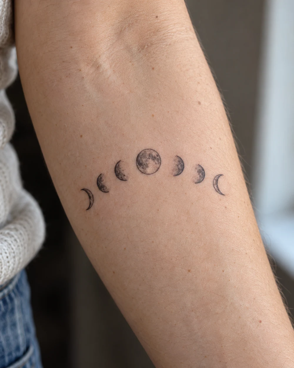 Fine-line tattoo of lunar phases arranged in an arc across a forearm