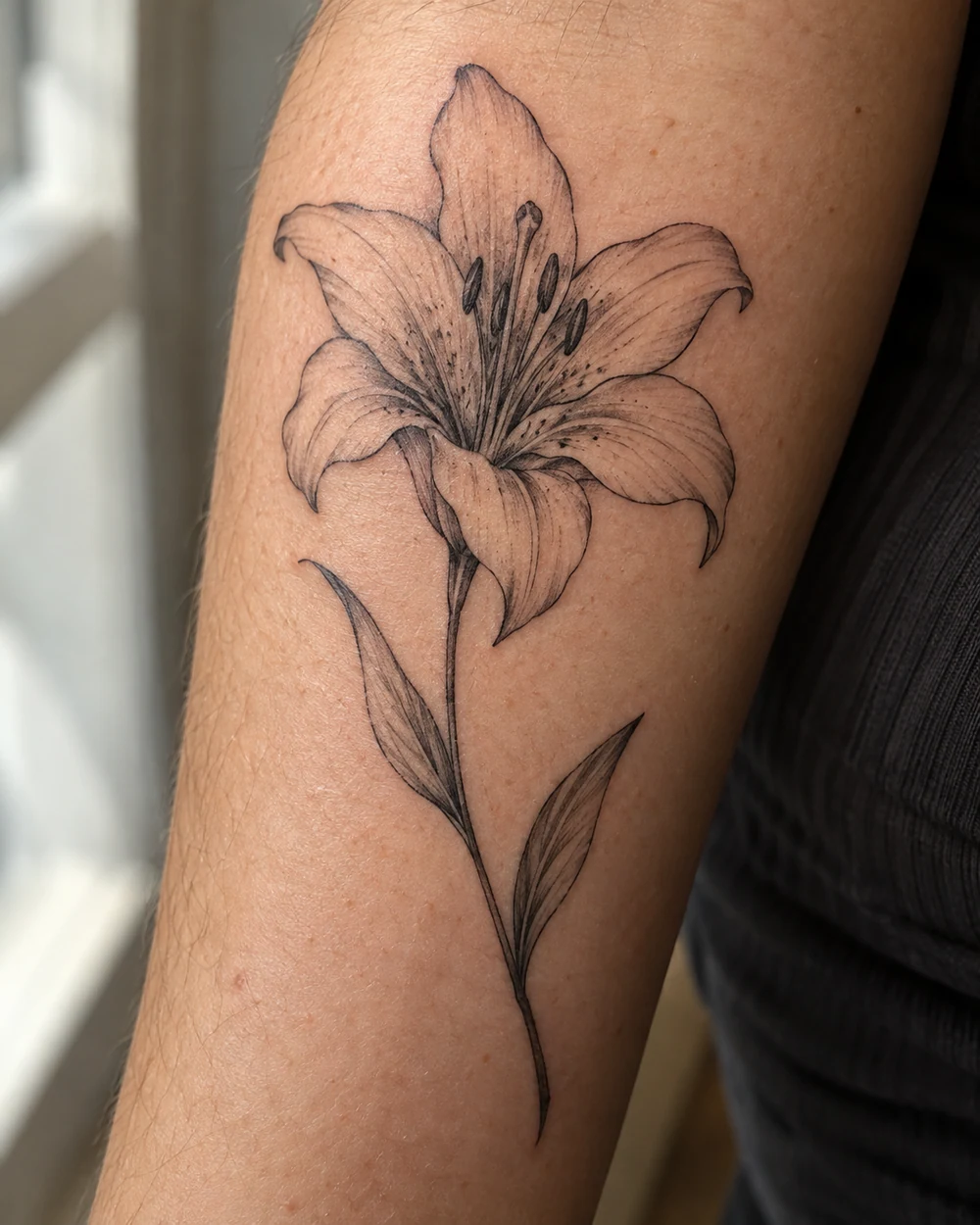 Fine-line open lily tattoo with a detailed center, two narrow leaves, and curved stem on a forearm