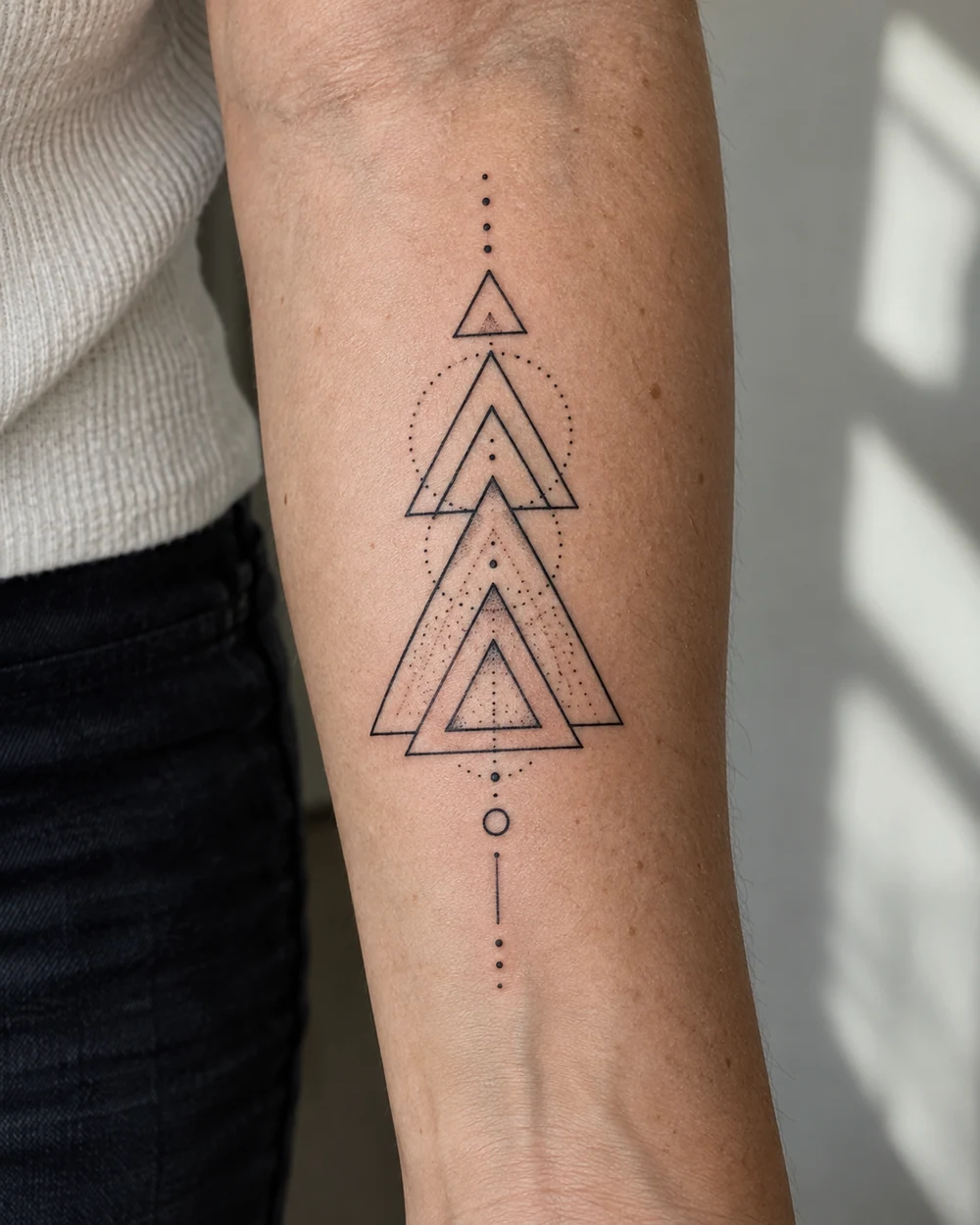 Nested geometric triangle tattoo with dotted accents and a small circle, placed lengthwise on a forearm