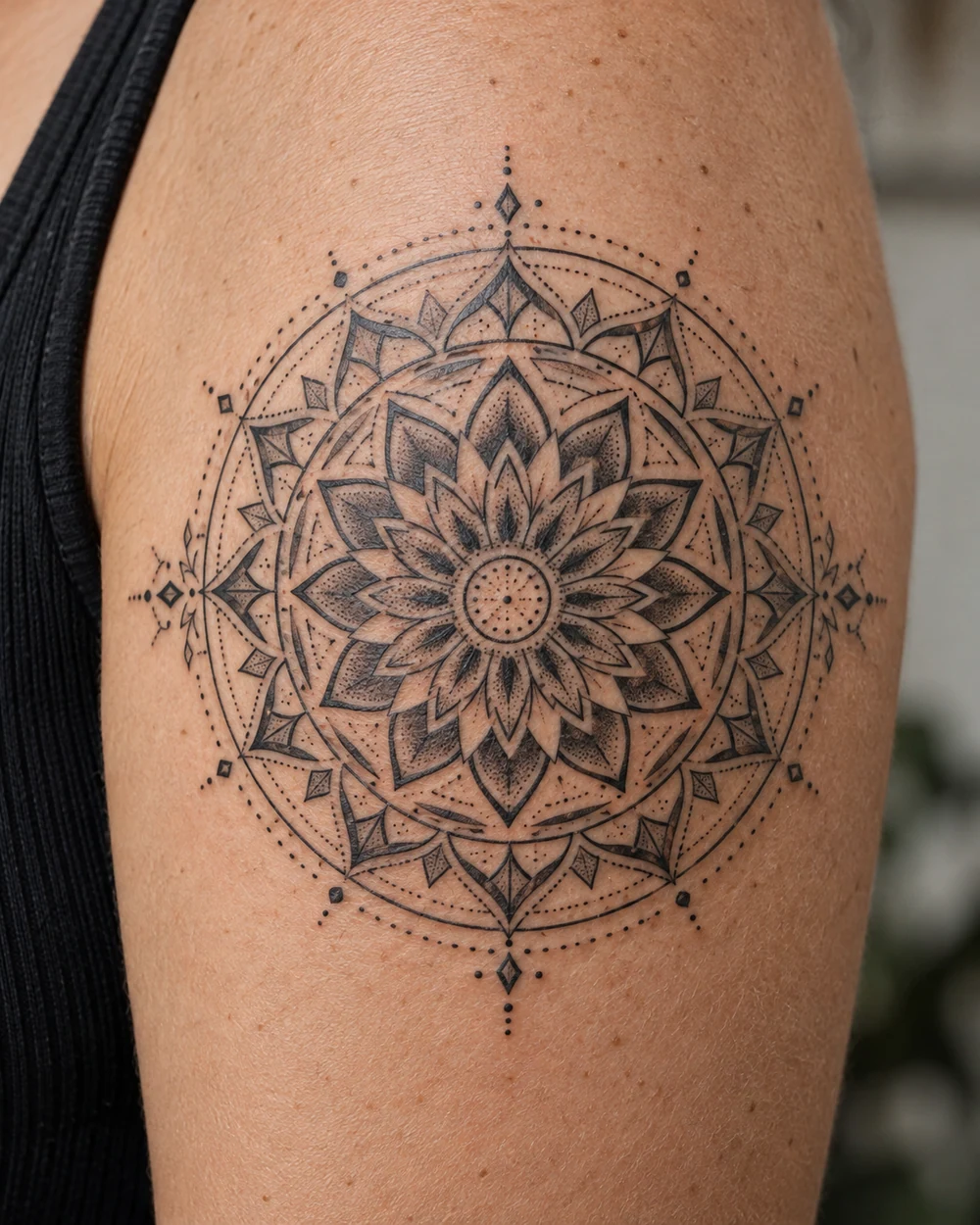 Black geometric mandala tattoo with angular petals and concentric rings on an upper arm