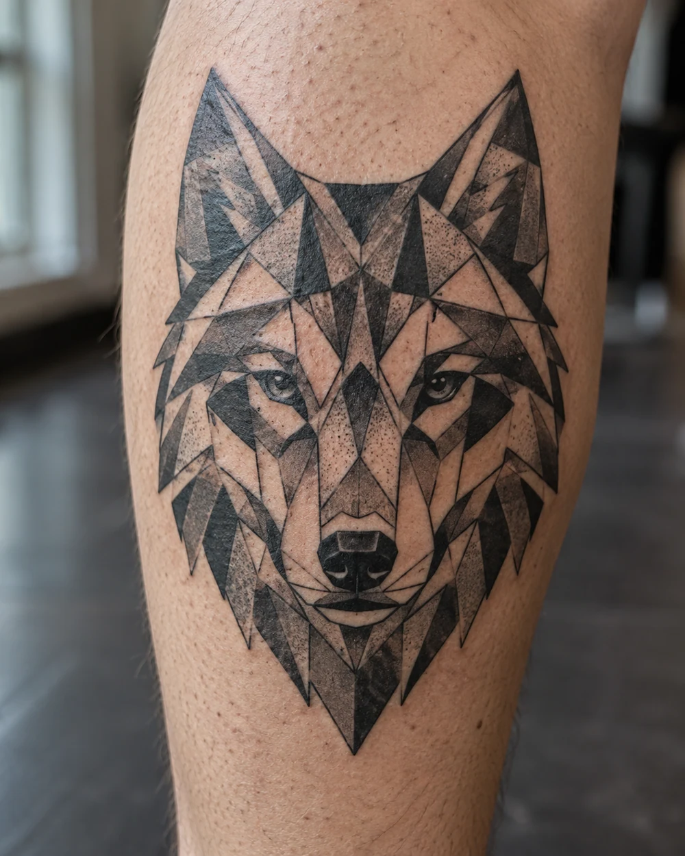 Angular black polygon wolf head tattoo centered on an adult calf