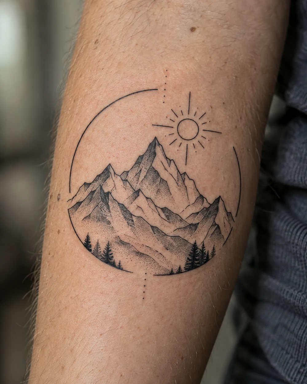 Black fine-line mountain and sun tattoo inside an open circle on a forearm