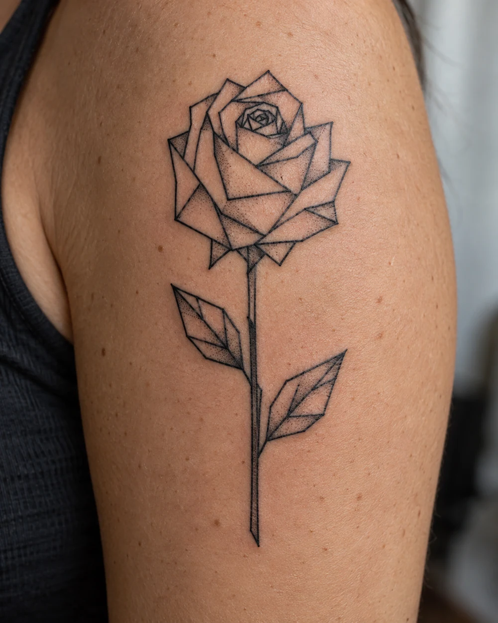 Black geometric rose tattoo with faceted petals and angular leaves on an upper arm