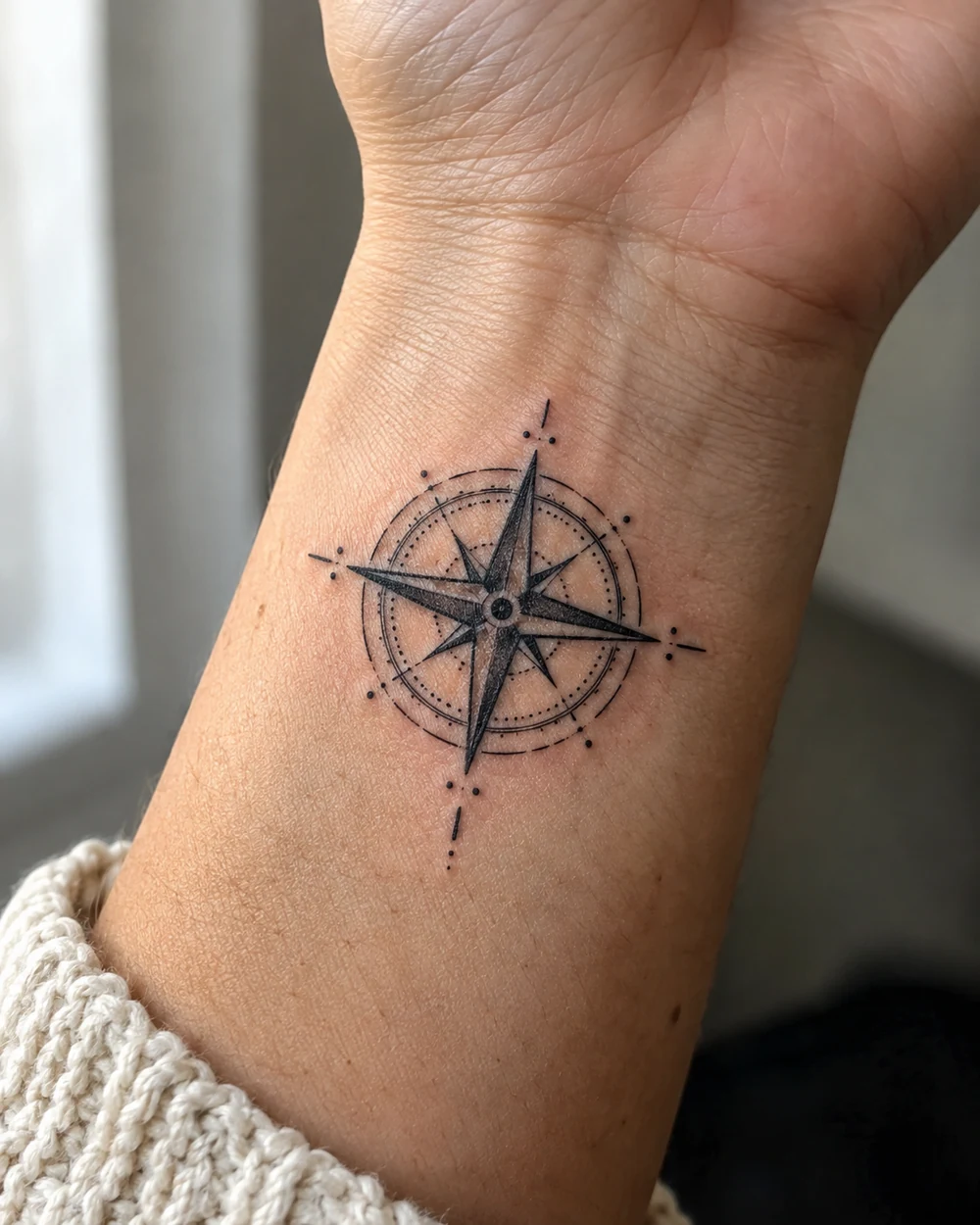Compact black compass rose tattoo with concentric rings and directional ticks on a wrist