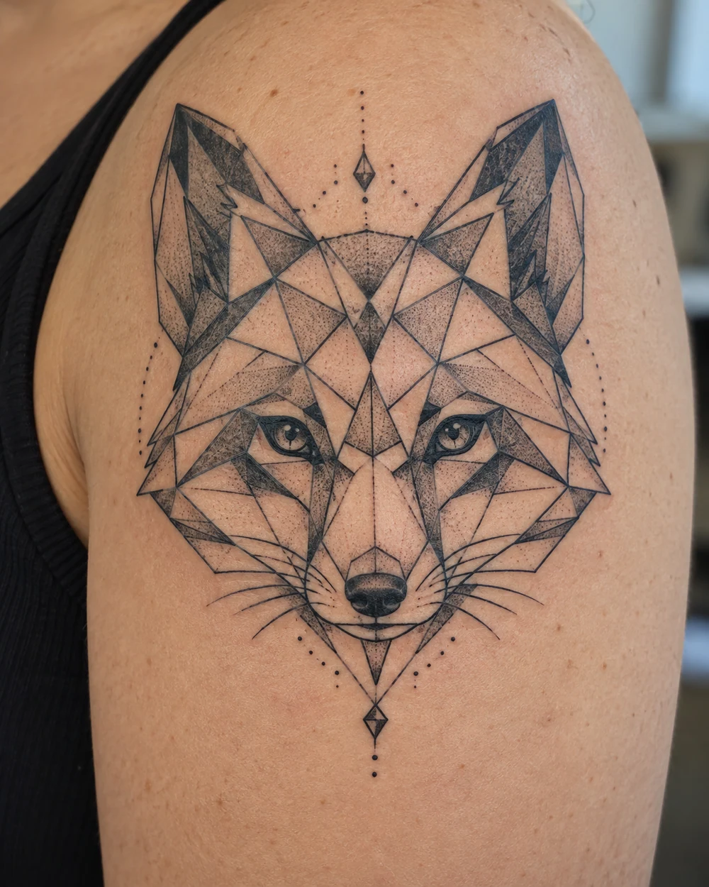 Black geometric fox head tattoo with symmetrical polygon facets on a shoulder