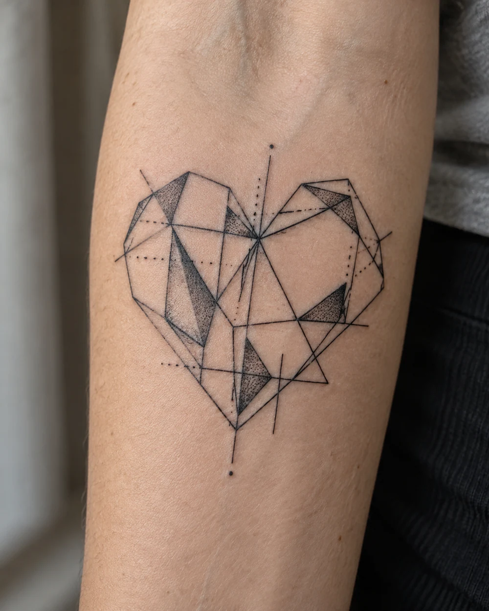 Open geometric heart tattoo with intersecting black lines and shaded triangular facets on an inner forearm