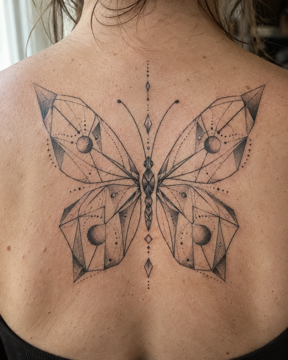 Symmetrical four-wing butterfly tattoo with polygonal fine-line patterns and dotted accents on the upper back