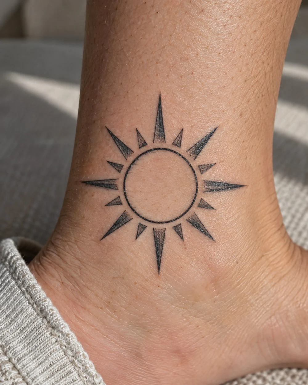 Black geometric sun tattoo with a central circle and alternating triangular rays on an ankle