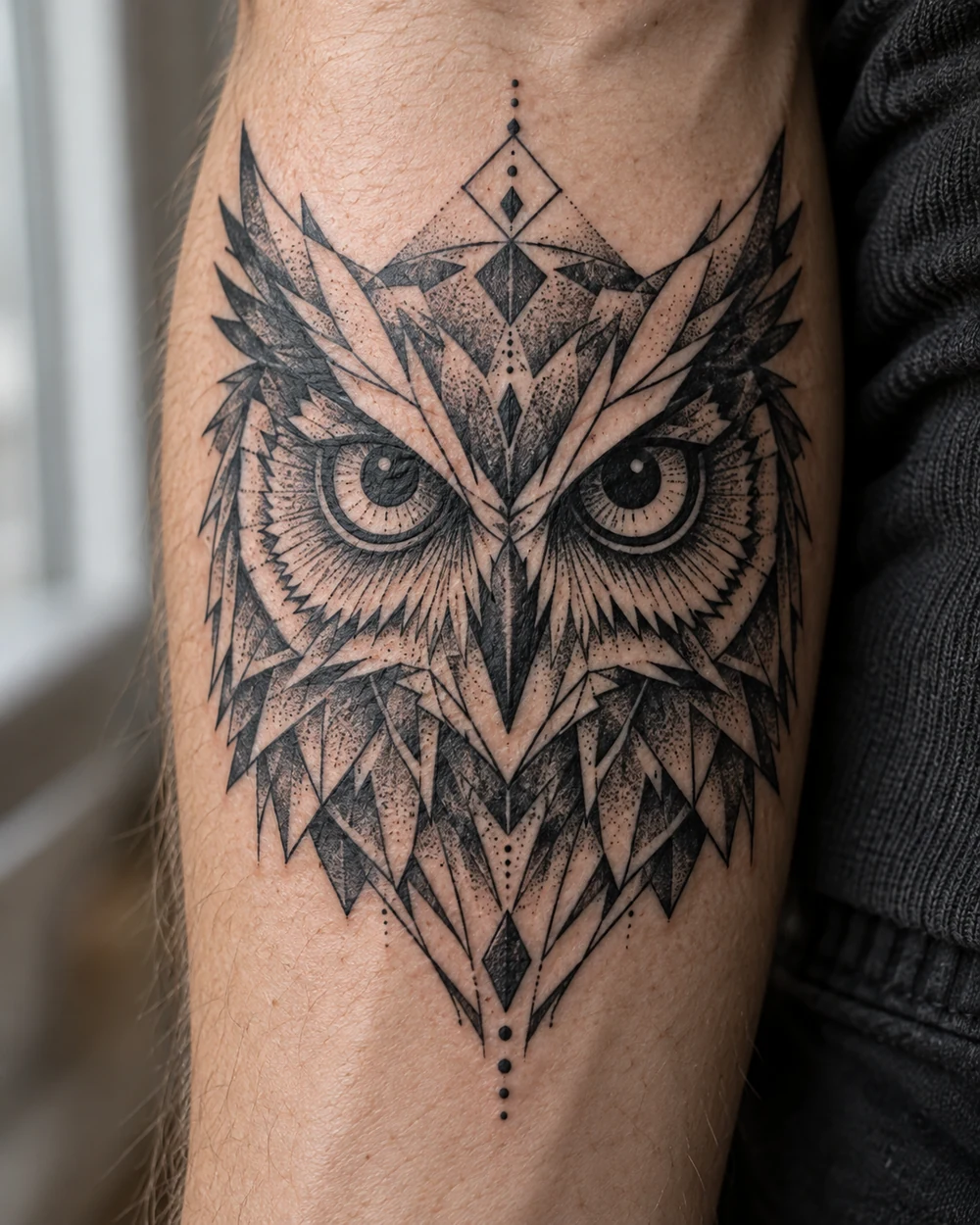 Symmetrical geometric owl face tattoo with circular eyes, pointed brow lines, angular feathers, and dotwork on a forearm.