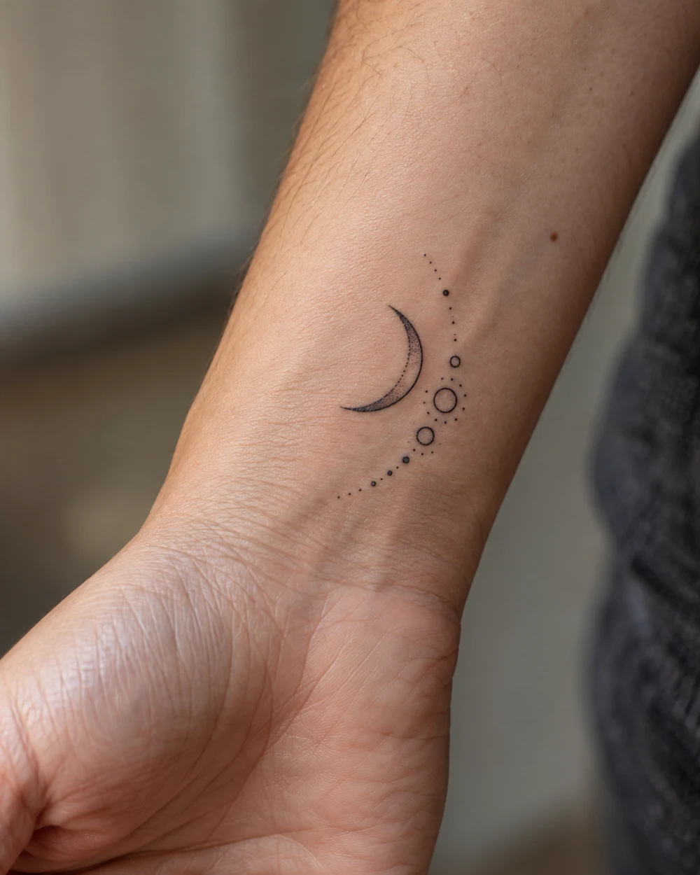 Fine-line crescent moon tattoo with three circles and dotwork arranged along the wrist