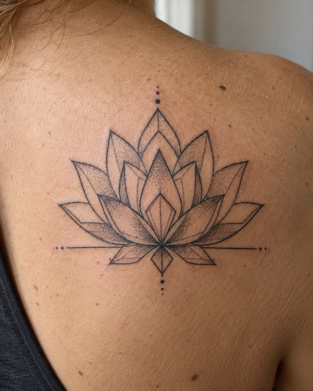 Layered pointed lotus tattoo on an adult woman’s shoulder blade