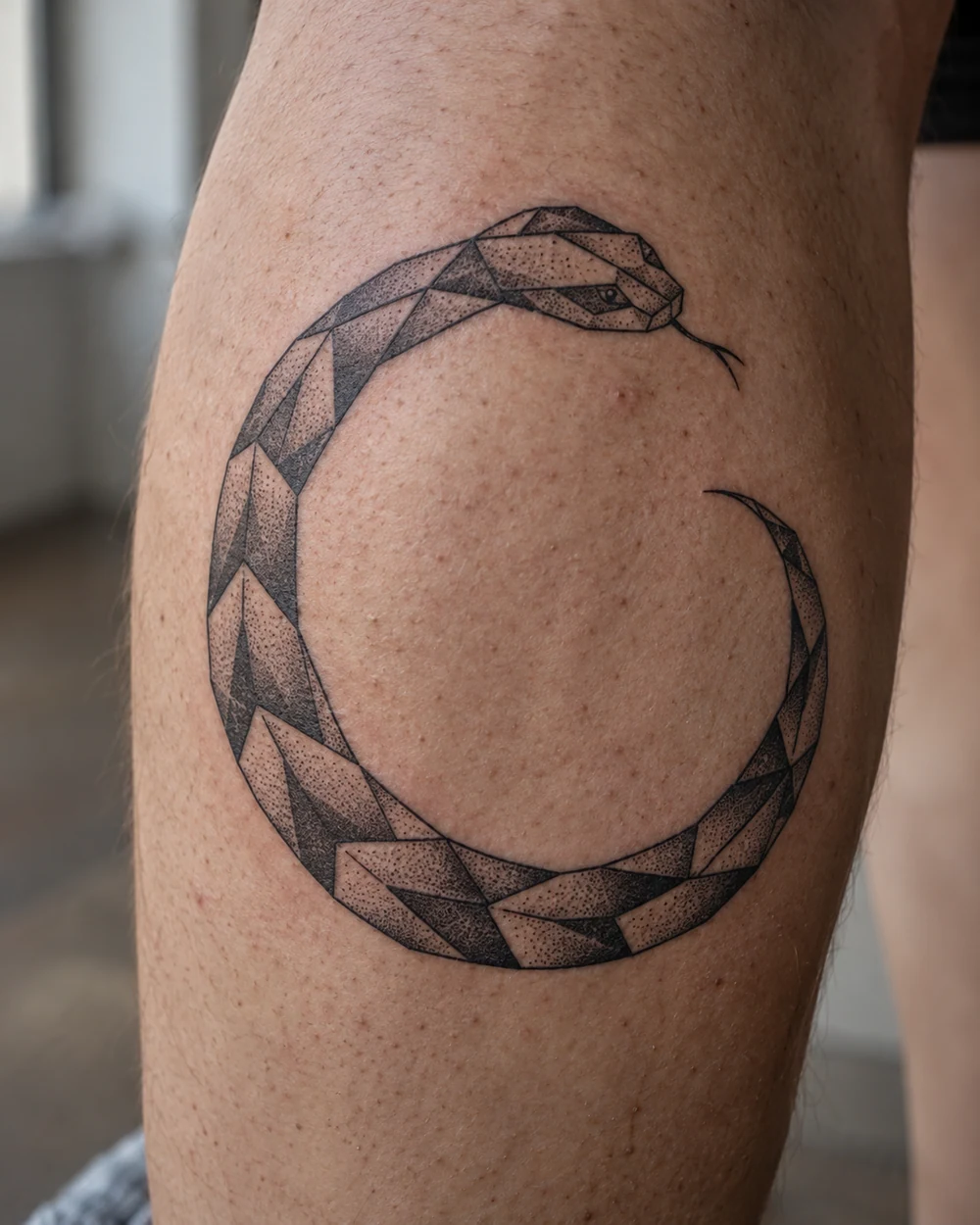 Black geometric snake tattoo coiled in a circle on a calf