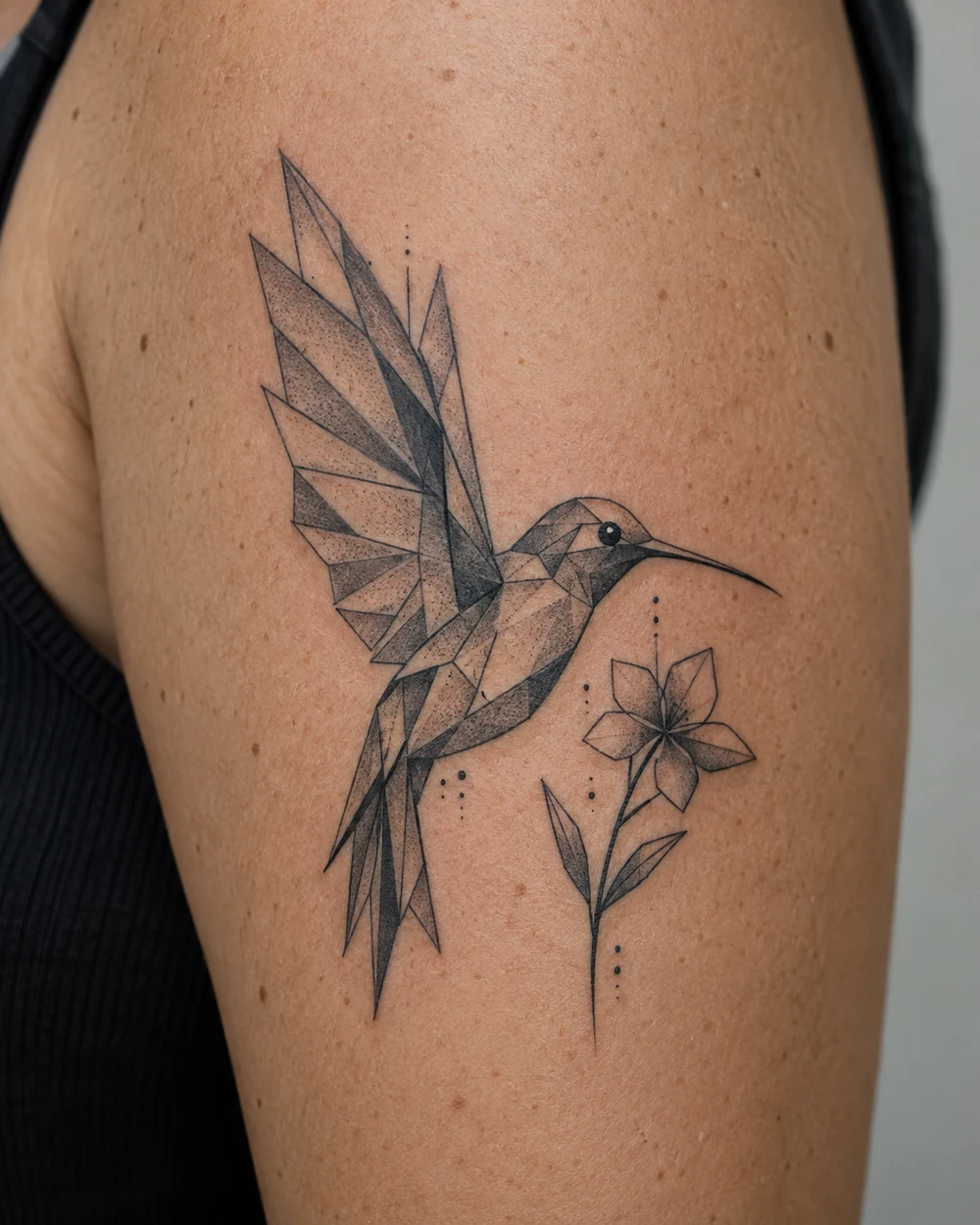 Black geometric tattoo of a hovering hummingbird with angular wings and a small flower on an upper arm