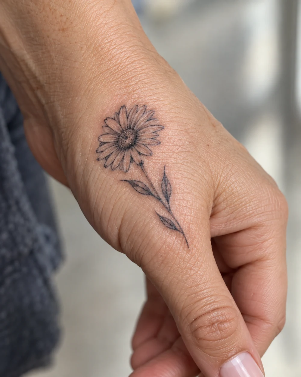 Fine-line daisy tattoo near the base of the thumb