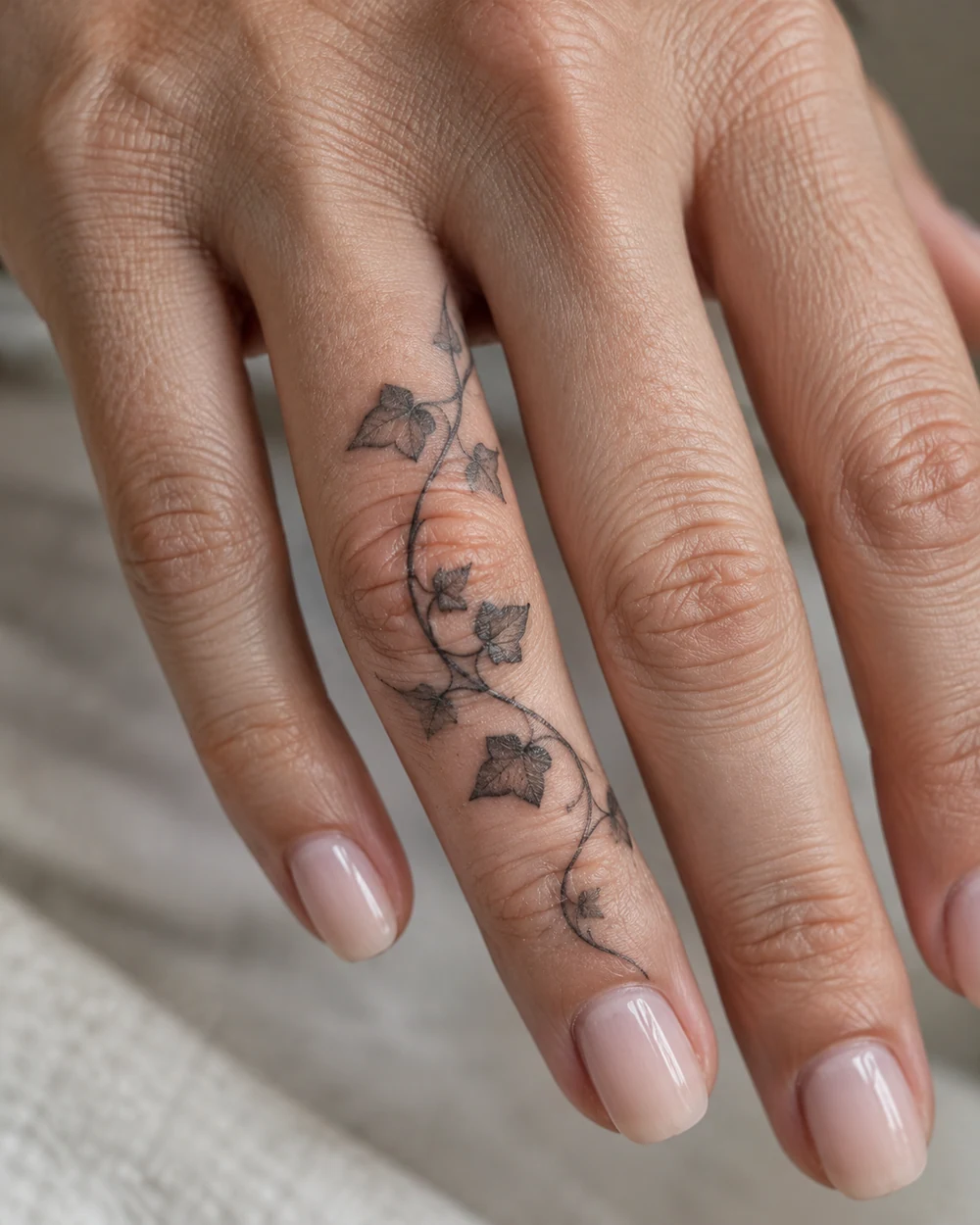 Fine-line ivy tattoo with small leaves winding along a finger