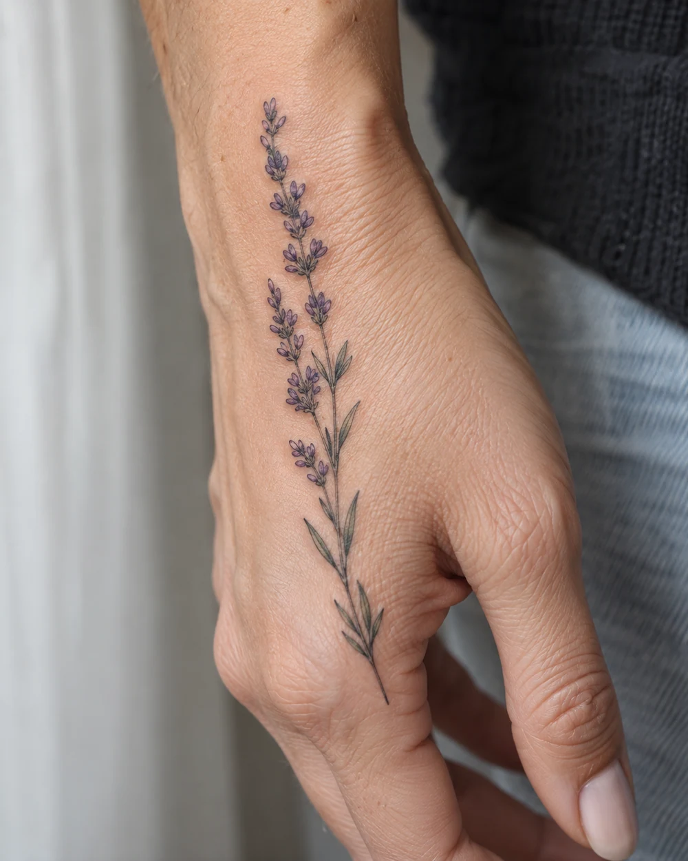 Fine-line lavender sprig tattoo with purple buds and green leaves along the outer edge of a hand