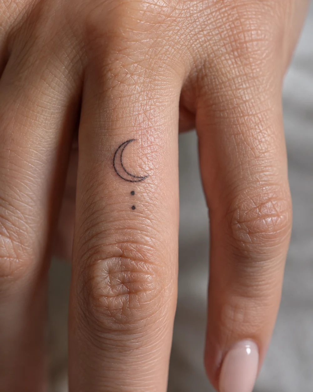 Fine-line crescent moon tattoo with two dots on a finger
