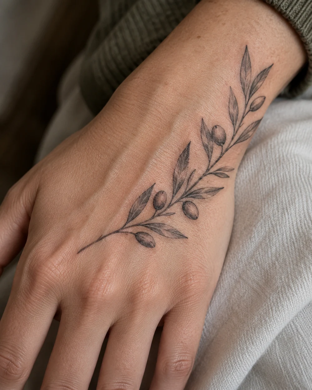 Fine-line olive branch tattoo placed diagonally across the back of a hand