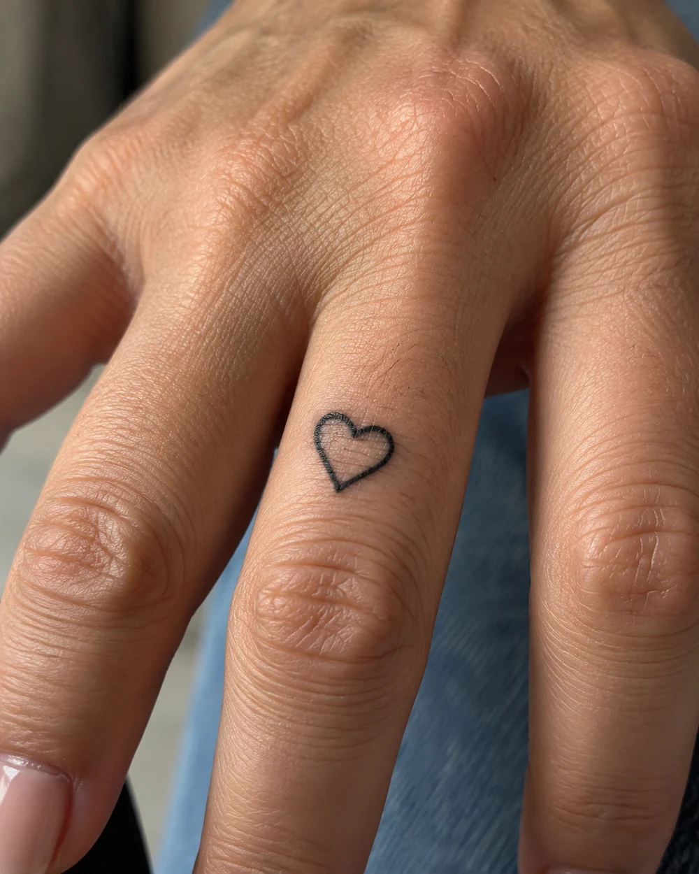 Small outline heart tattoo near a knuckle