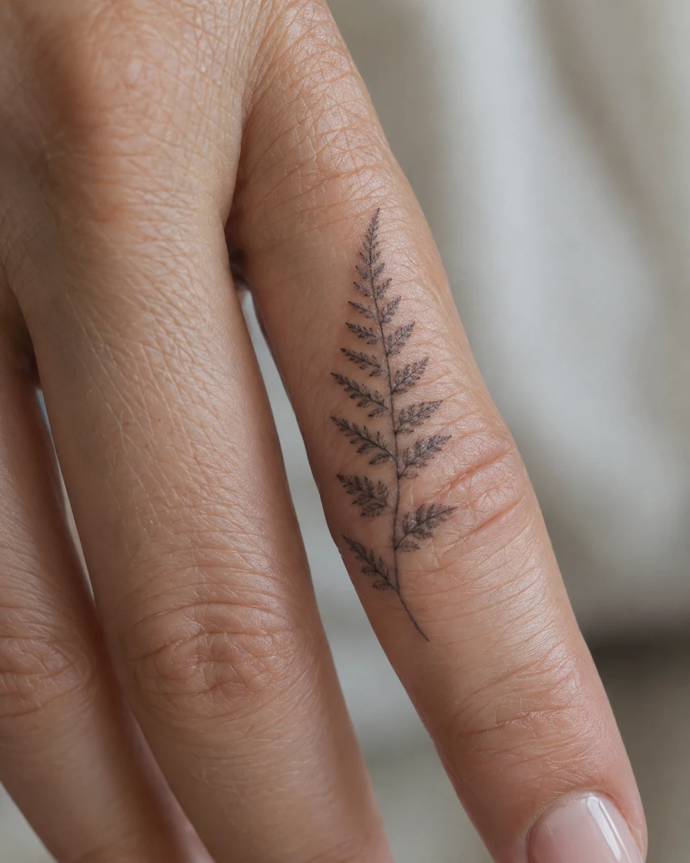 Fine-line black fern tattoo along a woman's finger, showing the full tapered frond