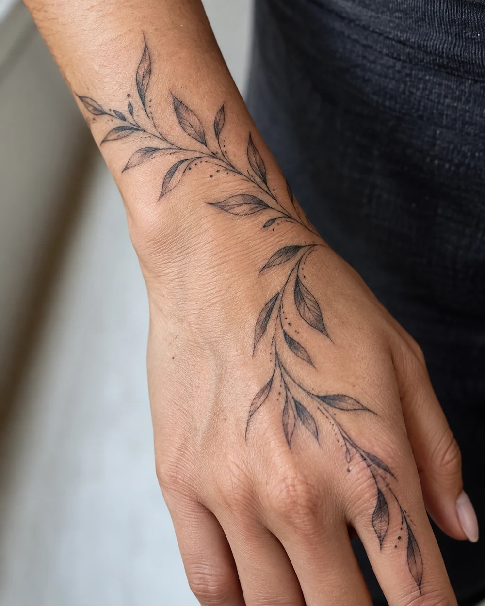 Curving fine-line black leafy tattoo extending from the wrist across the back of a hand