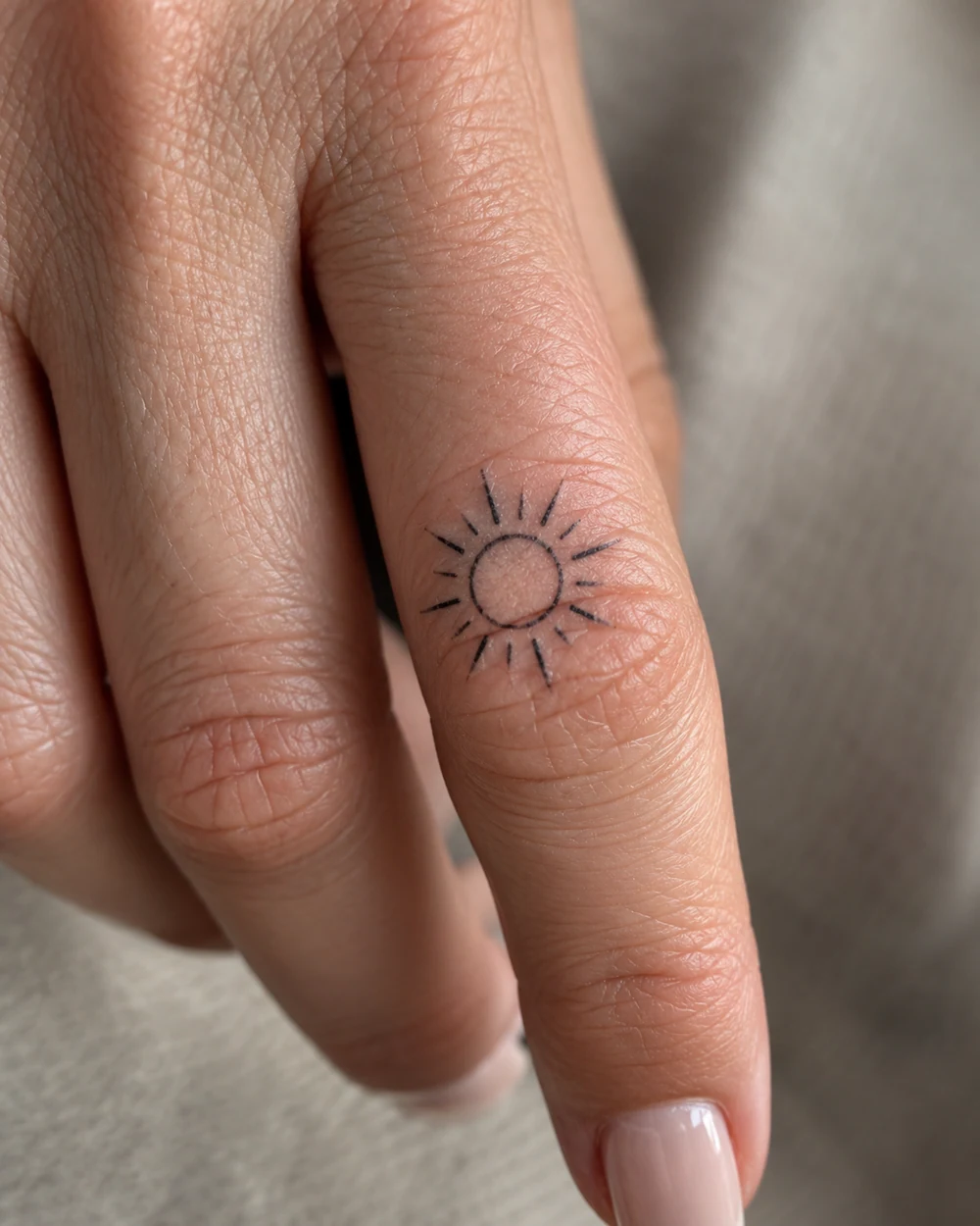 Fine-line black sun tattoo with an open center and short rays on a finger