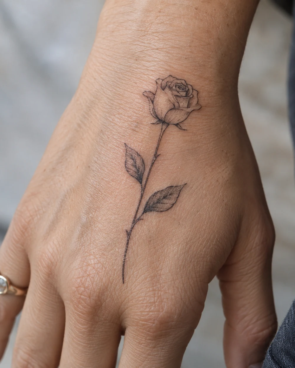Fine-line single-stem rose tattoo with two leaves on the back of a hand