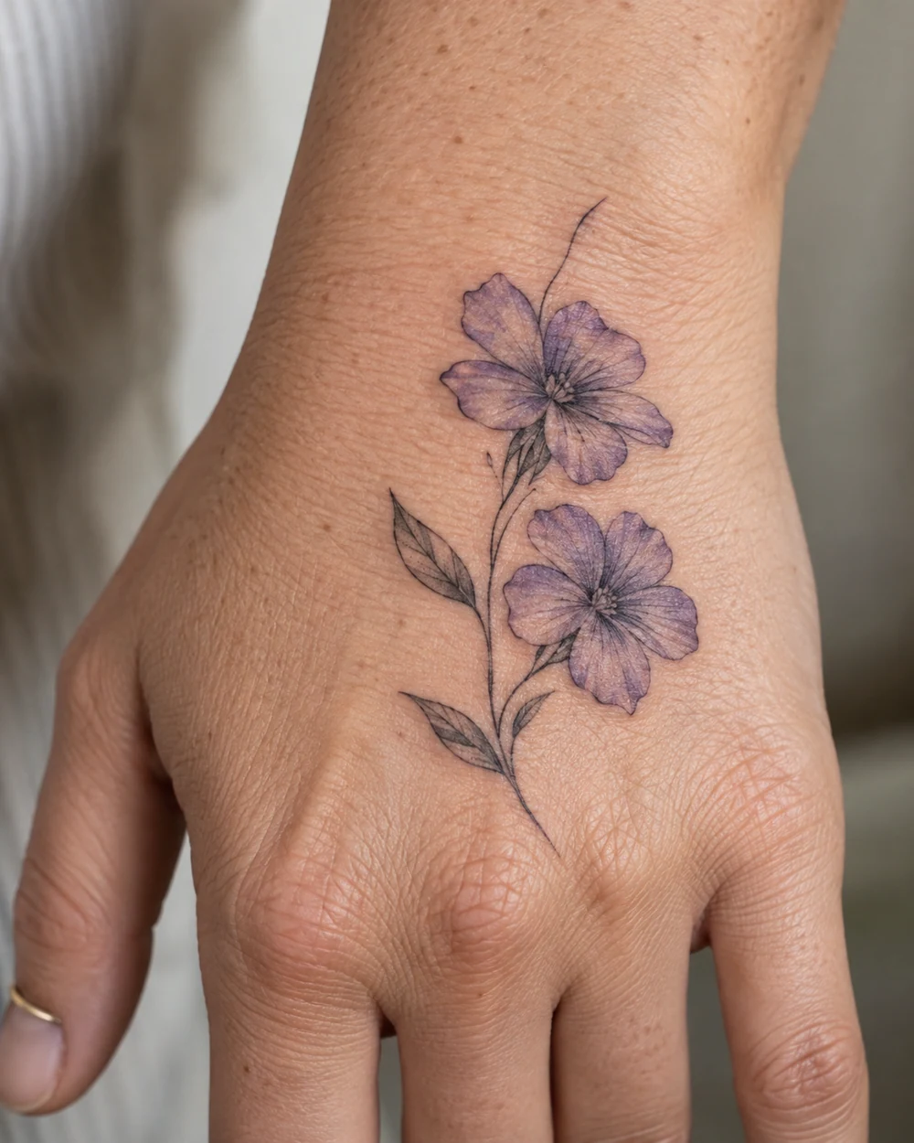 Fine-line tattoo of two violet flowers and two leaves on the back of a hand