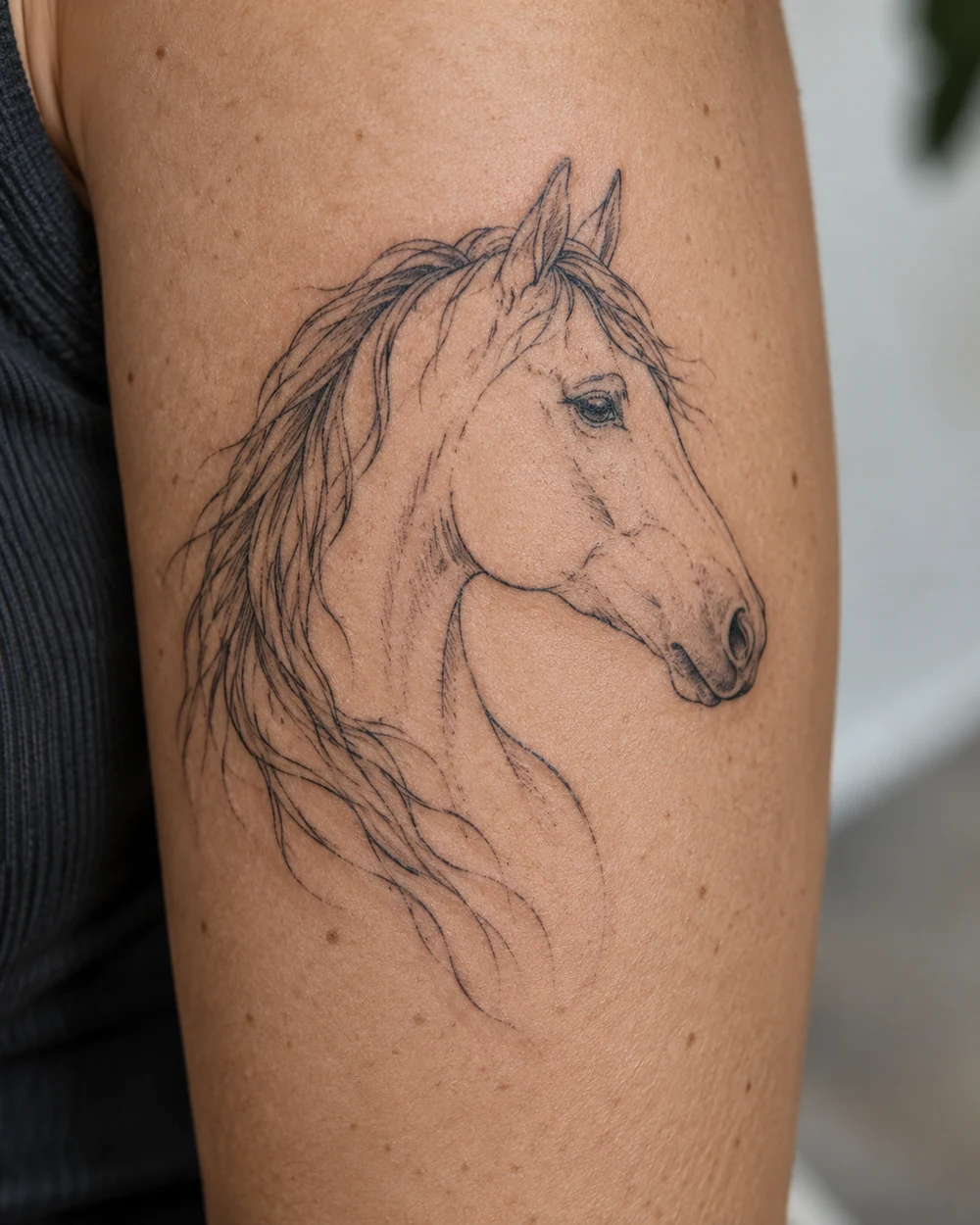 Fine-line black horse head tattoo in profile with a flowing mane on the upper arm