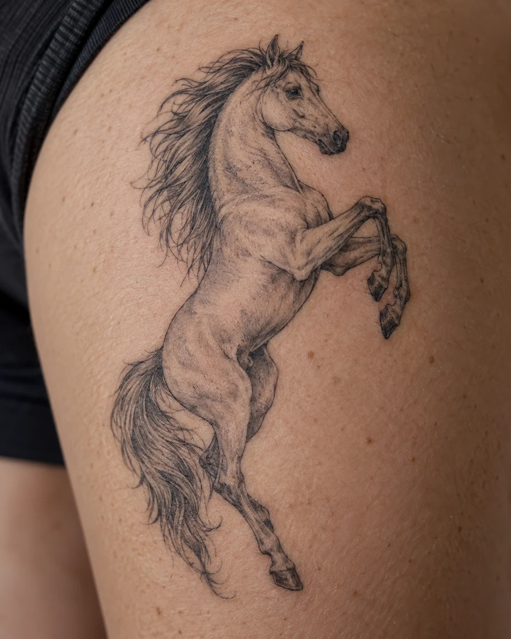 Fine-line rearing horse tattoo on skin