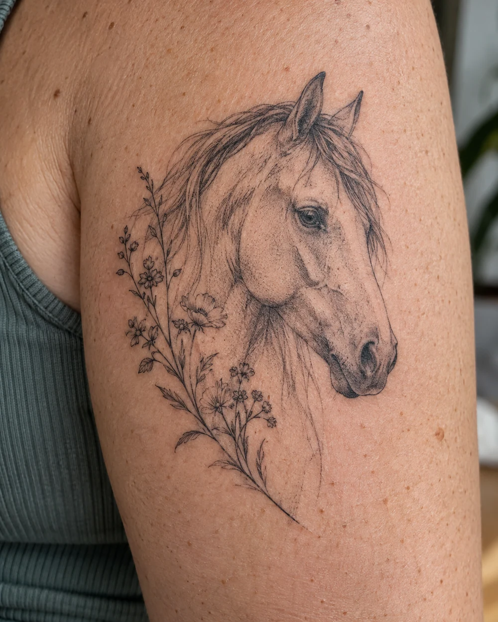 Fine-line horse head portrait with wildflower stems tattooed on skin