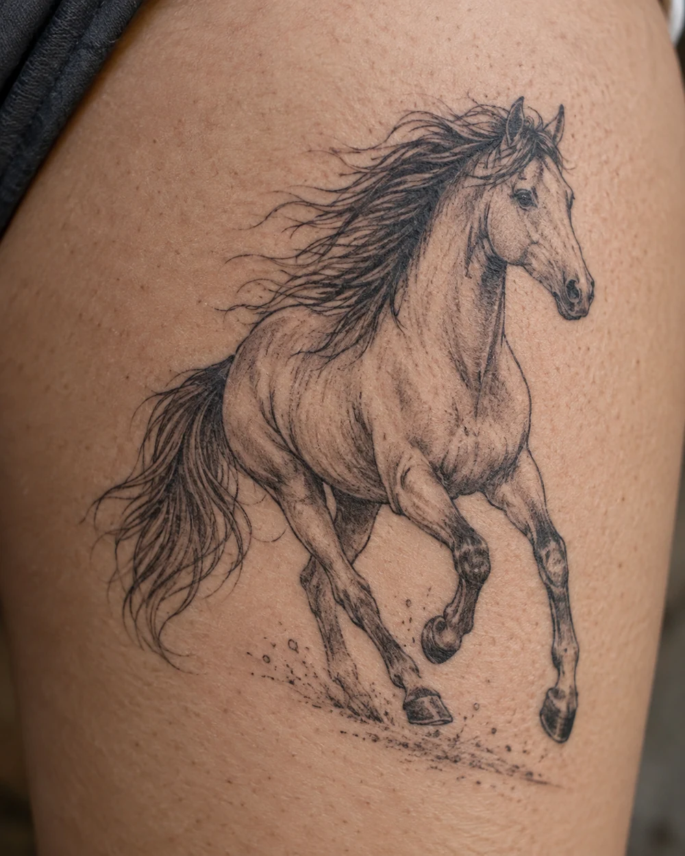 Fine-line running horse tattoo with a flowing mane