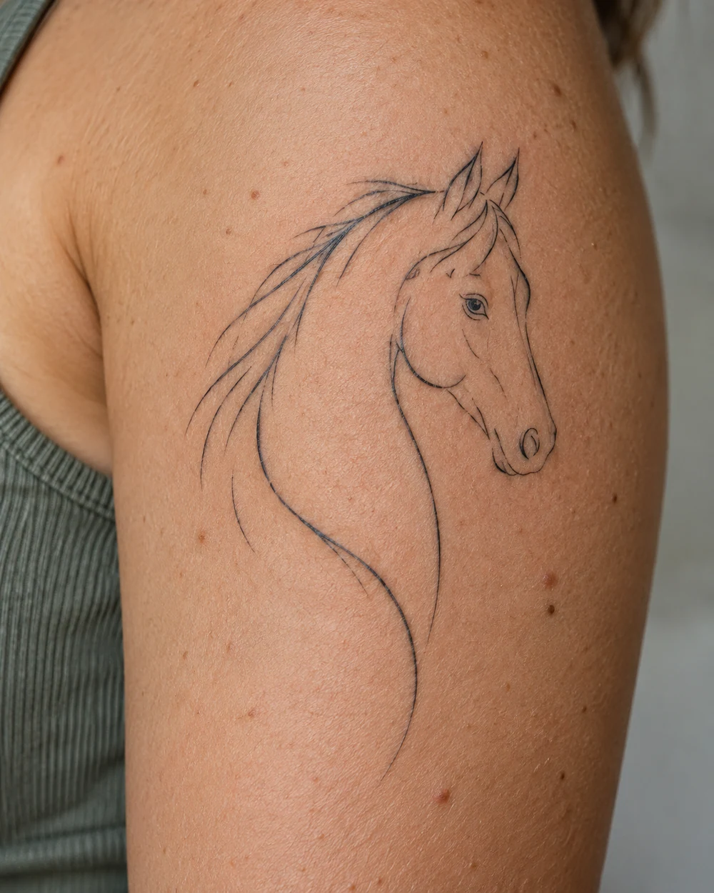 Minimal fine-line tattoo of a horse head and neck on the upper arm