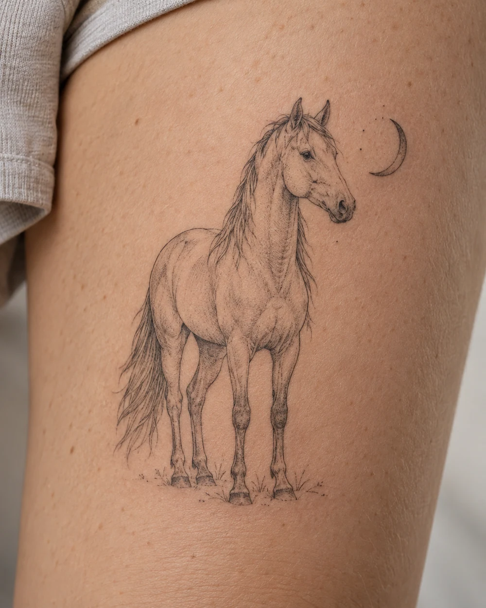 Fine-line standing horse and crescent moon tattoo