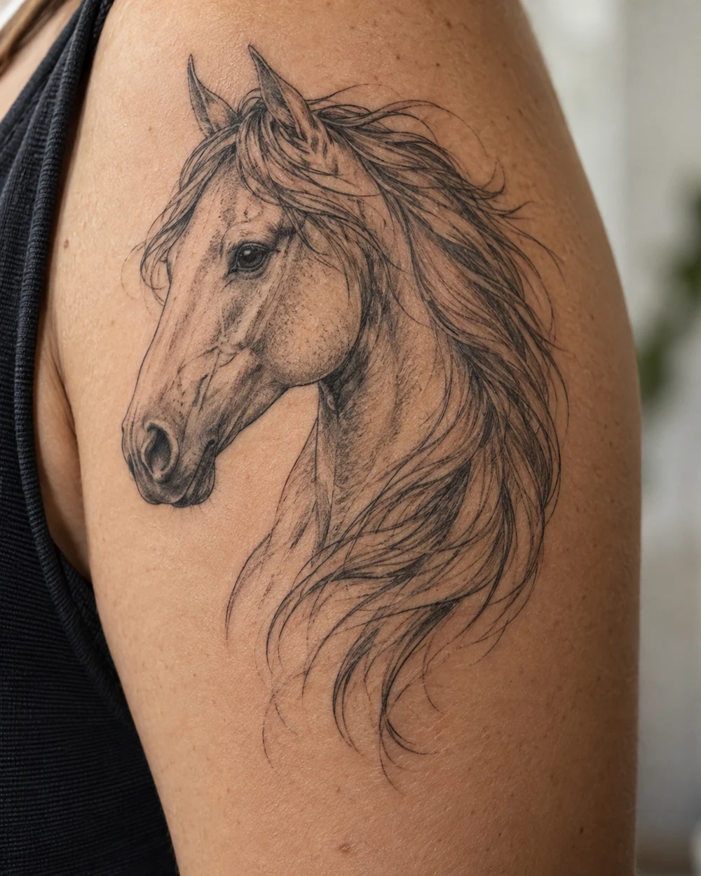 Fine-line horse head and neck tattoo with long, flowing strands in the mane