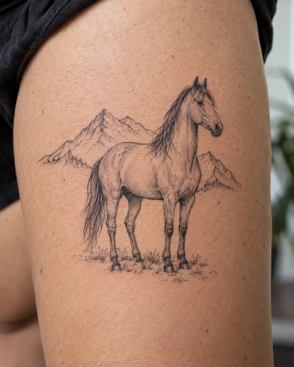Fine-line tattoo of a standing horse before two mountain outlines on an upper arm
