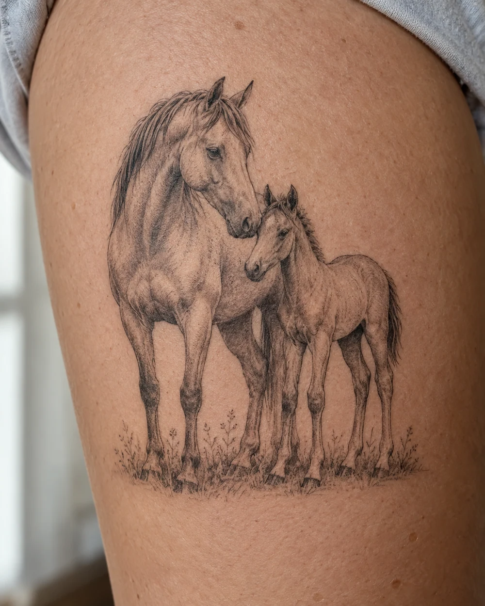 Detailed black and gray fine-line tattoo of a mare standing beside a foal amid grass, placed on the thigh.
