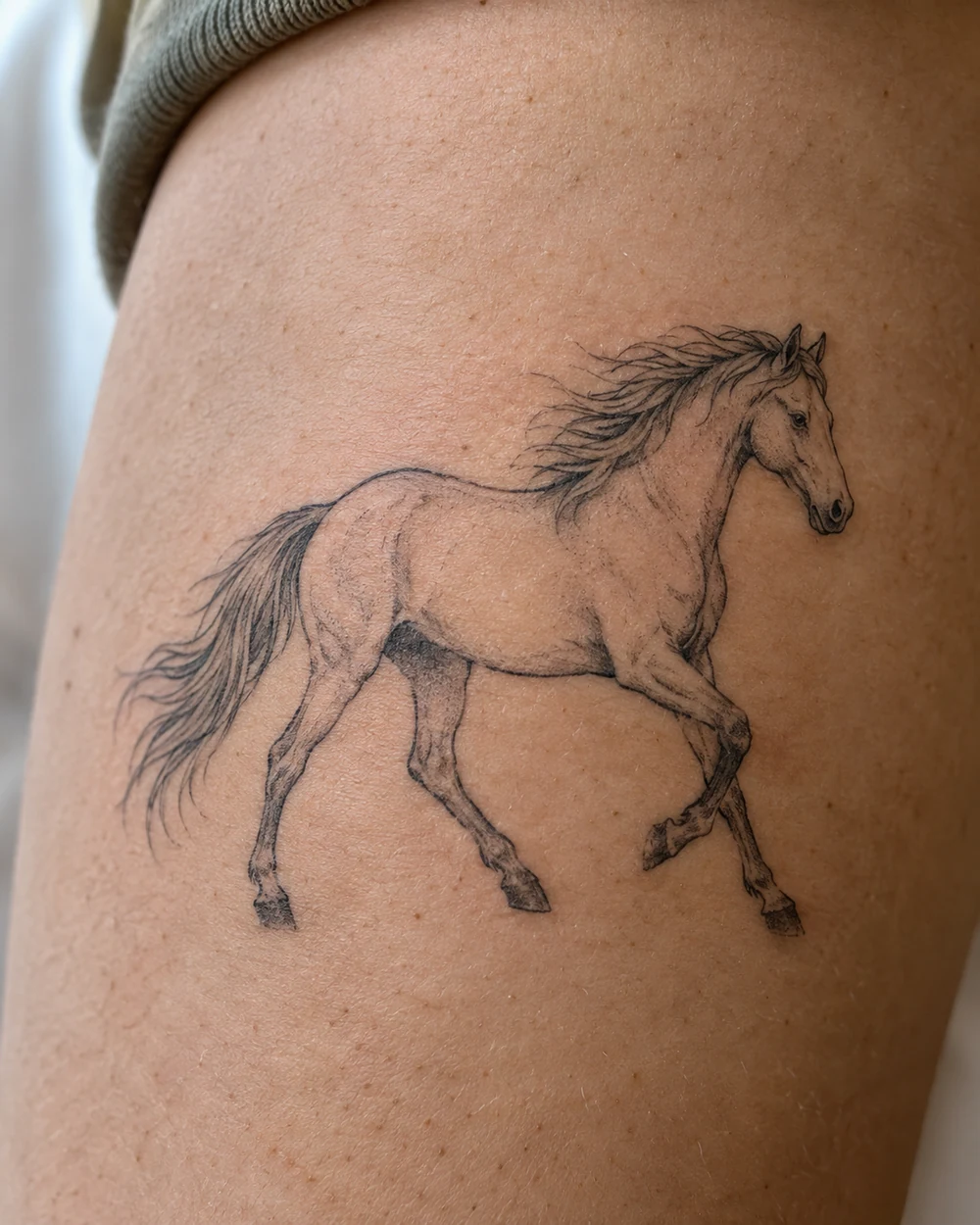 Fine-line black horse tattoo in a running stride, with a flowing mane and lightly shaded interior details